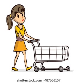 Young woman pushing supermarket shopping cart. Hand drawn cartoon vector illustration.