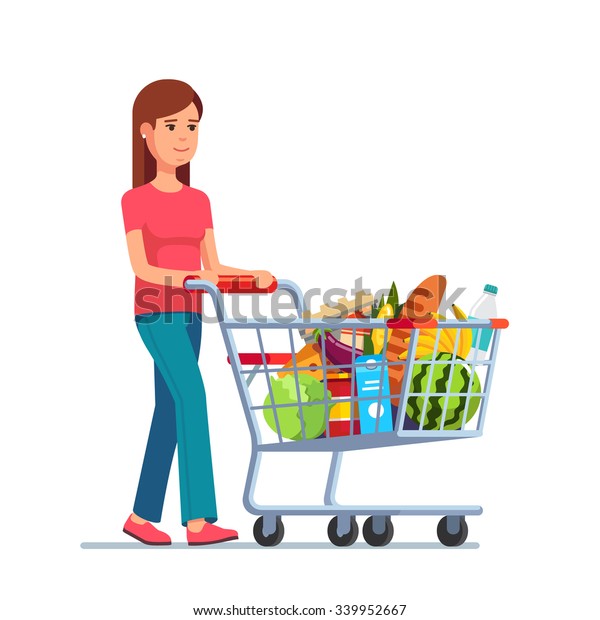 食料品をいっぱいに詰めたスーパーの買い物かごを押している若い女性 白い背景に平らなスタイルのベクターイラスト のベクター画像素材 ロイヤリティフリー