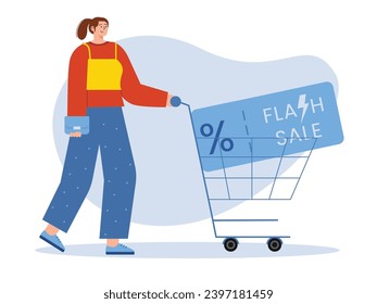 Young woman pushing a trolley containing flash sale vouchers for grocery shopping, special big discounts. Character design. Vector flat illustration