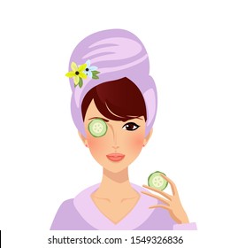 Young woman put cucumber on face and eyes. Portrait cute girl in bath robe and turban on head applying skin care cosmetics beauty procedure moisturizing facial mask Cartoon Flat Vector Illustration