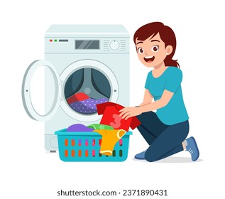 young woman put dirty clothes to washing machine