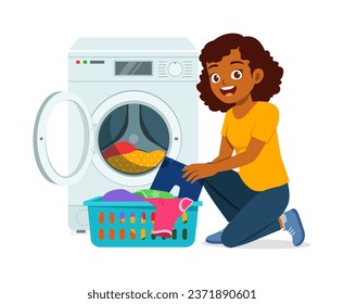 young woman put dirty clothes to washing machine