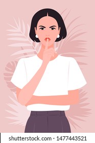 A young woman put a finger to her lips. Secret information. Portrait of a strict and serious girl. Vector flat illustration