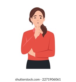 A young woman put a finger to her lips. Secret information. Portrait of a strict and serious girl. Flat vector illustration