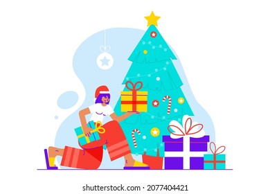 Young woman puts gifts under the Christmas tree. New Year and Christmas theme. Vector illustration in a flat style