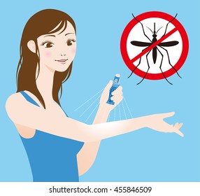 young woman puts insect repellent spray on her arm, vector illustration
