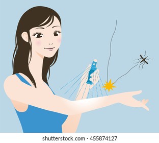 young woman puts insect repellent spray on her arm, vector illustration