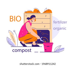 A young woman puts ready-made compost from a compost bin into a bucket. The concept of organic recycling, fertilizer for the garden. vector illustration in flat cartoon style.