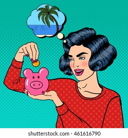 Young Woman Putting a Coin Into a Piggy Money Box. Pop Art. Vector illustration