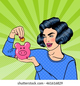 Young Woman Putting a Coin Into a Piggy Money Box. Pop Art. Vector illustration