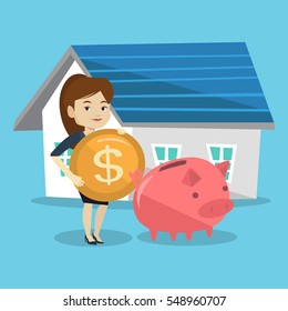 Young woman putting dollar coin in piggy bank. Cheerful woman standing on the background of house. Concept of saving and investing money in real estate. Vector flat design illustration. Square layout.