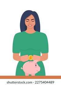 Young woman putting a gold coin into a piggy bank. Money saving, economy concept. Profit, income, earnings, budget, fund. Vecor illustration