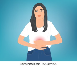 Young woman putting her hand on her stomach due to stomach pain, food poisoning or menstrual pain. Health care concept vector illustration.