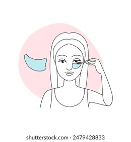 Young woman putting mascara on eyelashes, using brush and stencil line icon vector illustration