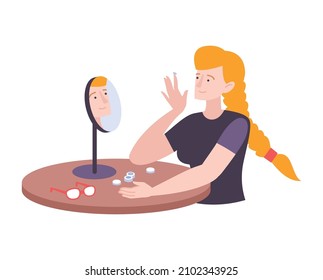 Young Woman Putting On Contact Lens In Front Of Mirror Flat Vector Illustration