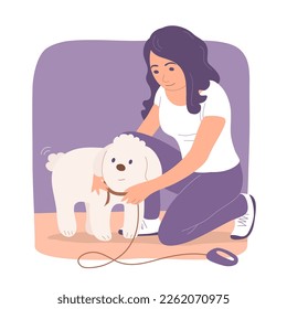 Young woman putting on a dog collar to her beloved pet. They are going to walk. Pet care and friendship. Cartoon vector character illustration