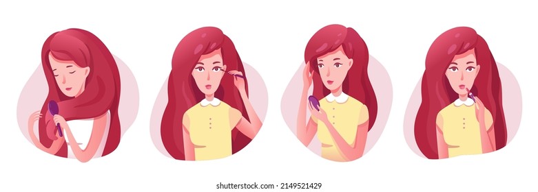 Young woman putting on makeup set vector illustration. Cartoon portrait of girl applying mascara and lipstick, lady holding mirror and comb for long hair isolated on white. Beauty, fashion concept