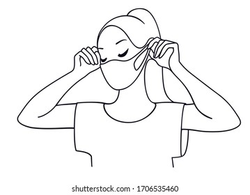 A young woman putting on a medical face mask to protect herself from catching a virus, line art vector illustration.