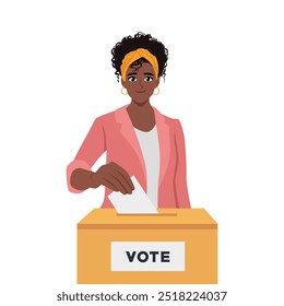 Young woman Putting Vote Paper into Election Box. Flat Vector character illustration
