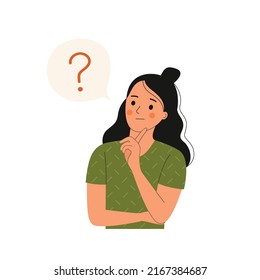 Young woman with question mark in think bubble. Flat style cartoon vector illustration. 