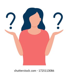 Young Woman With Question Marks. Comparison, Ratio, Choice, Contrast, Hopeless. Woman Thinks Or Solves Problem. Pensive Girl Asks Questions. Thinking, Troubled, Worried, Confused Woman. Vector 