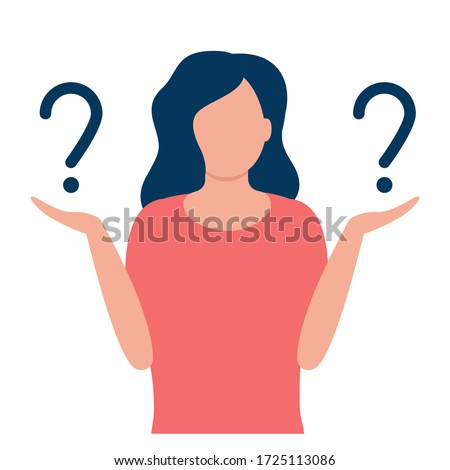 Young woman with question marks. Comparison, ratio, choice, contrast, hopeless. Woman thinks or solves problem. Pensive girl asks questions. Thinking, troubled, worried, confused woman. Vector 