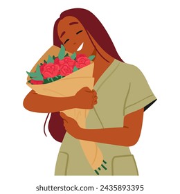 Young Woman Radiant With Joy Tenderly Cradles A Vibrant Bouquet Of Flowers, Their Colors A Lively Burst Against Her Serene Smile. Happy Black Female Character with a Gift. Cartoon Vector Illustration