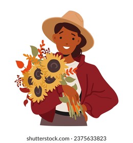 Young Woman Radiates Joy, Holding A Vibrant Autumn Bouquet. Colors Of Red, Orange, And Gold Complement Her Smile, Capturing The Essence Of Fall Beauty In Her Hands. Cartoon People Vector Illustration