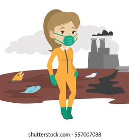 Young woman in radiation protective suit standing on the background of nuclear power plant. Scientist wearing radiation protection suit. Vector flat design illustration isolated on white background.