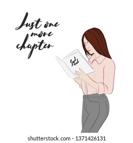 Young woman rading a book quote. Vector han-ddrawn illustration. Weekend mood art. Fashion  outfit student relaxing city art.