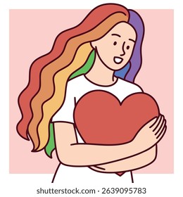 Young woman with rainbow hair hugging red heart, peaceful emotion showing love, support and pride solidarity