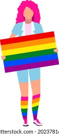 Young woman with rainbow placard semi flat color vector character. Full body person on white. Organizing public protest isolated modern cartoon style illustration for graphic design and animation