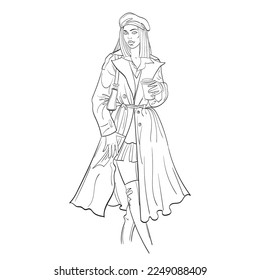 A young woman in a raincoat with a purse on her shoulder, beret, high boots. Holds coffee in hand, outside, walk. Hand drawing, sketch, outline. Vector illustration.