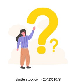 Young woman raise her hand for ask the question. Teenage female with doubtful marks. Girl student confused. Vector illustration 