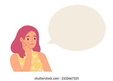 Young woman raise her hand holding cheek with blank speech bubble. Template for information, space for message. Curious face expression character. Flat vector illustration.