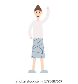 Young woman with raised hand and greeting someone. Employee standing and waving with her hand vector isolated on white. Student character celebrating success. Welcoming gesture illustration