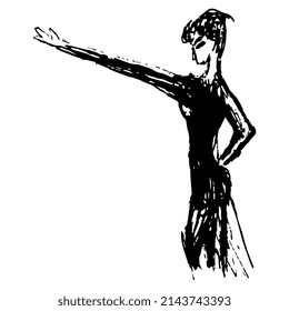 Young woman with raised hand. Pointing gesture. Hand drawn linear doodle rough sketch. Black silhouette on white background.