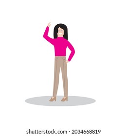 A young woman raised her hand up, smiling, standing isolated on a white background, flat design style