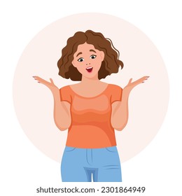 A young woman raised her hands with a surprised expression. Emotions and gestures. Flat style illustration, vector	
