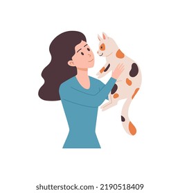 Young woman raises in arms cute spotted cat flat style, vector illustration isolated on white background. Happy cat lover and pet, relationships, expression of feelings