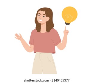 Young woman raising both hands with light bulb isolated on white background. Concept of explanation, idea, creativity, presentation, business idea. Flat vector illustration character.