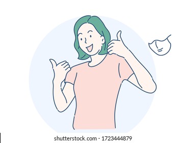 Young woman raising both thumbs up, smiling and confident. Hand drawn in thin line style, vector illustration. (Mask can be removable)