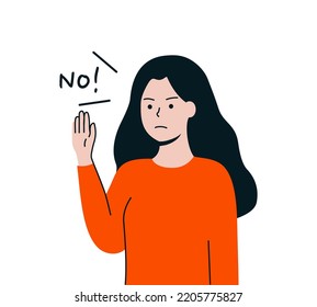 Young woman raising hand Gesture. Girl showing sign of rejection. Refusal, denial, stop and negation concepts. Flat design cartoon character vector design isolated illustrations.