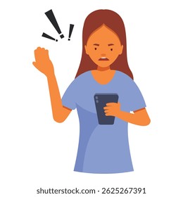 Young woman raising hand and holding smartphone with exclamatory marks, expressing anger and frustration