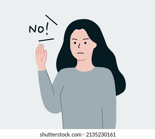Young woman raising hand showing sign of rejection, refuse with no word. Refusal, denial, stop and negation concept. Flat design cartoon character vector illustrations.