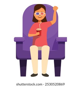 Young woman is raising her arm in excitement while watching a 3d movie, holding a drink in her other hand