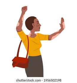 Young Woman Raising Her Hand Up Supporting Street Protest Against Human Rights Violation Vector Illustration