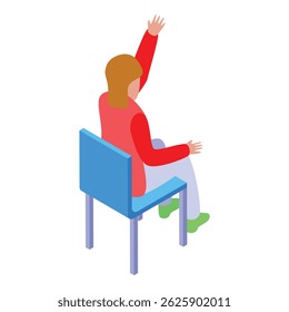 Young woman is raising her hand while sitting on a chair