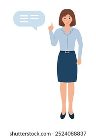 Young woman raising her index finger up to give advice or say an important message. Colorful flat vector illustration.