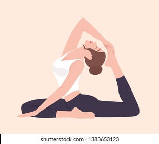 Young woman in Raja Kapotasana posture or King Pigeon Pose. Female cartoon character practicing yoga. Yogi girl performing physical activity isolated on light background. Flat vector illustration.